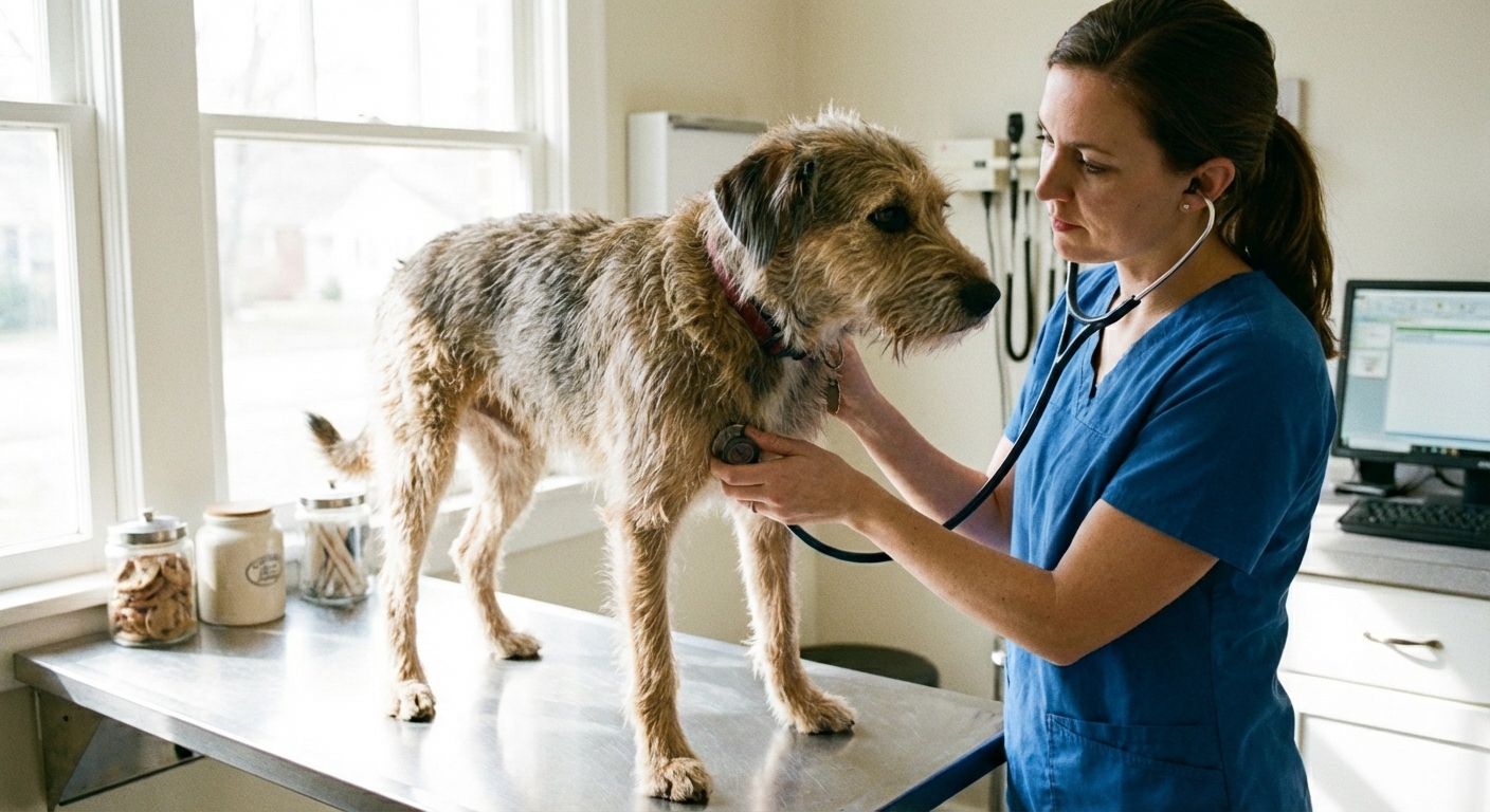 A veterinarian listening to a dog’s heart with a stethoscope in a bright exam room