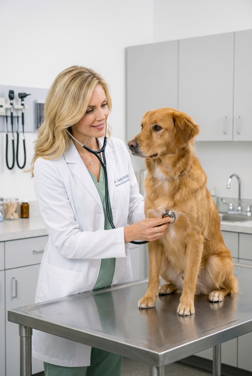 A veterinarian listening to a dog’s heart with a stethoscope in a clean exam room