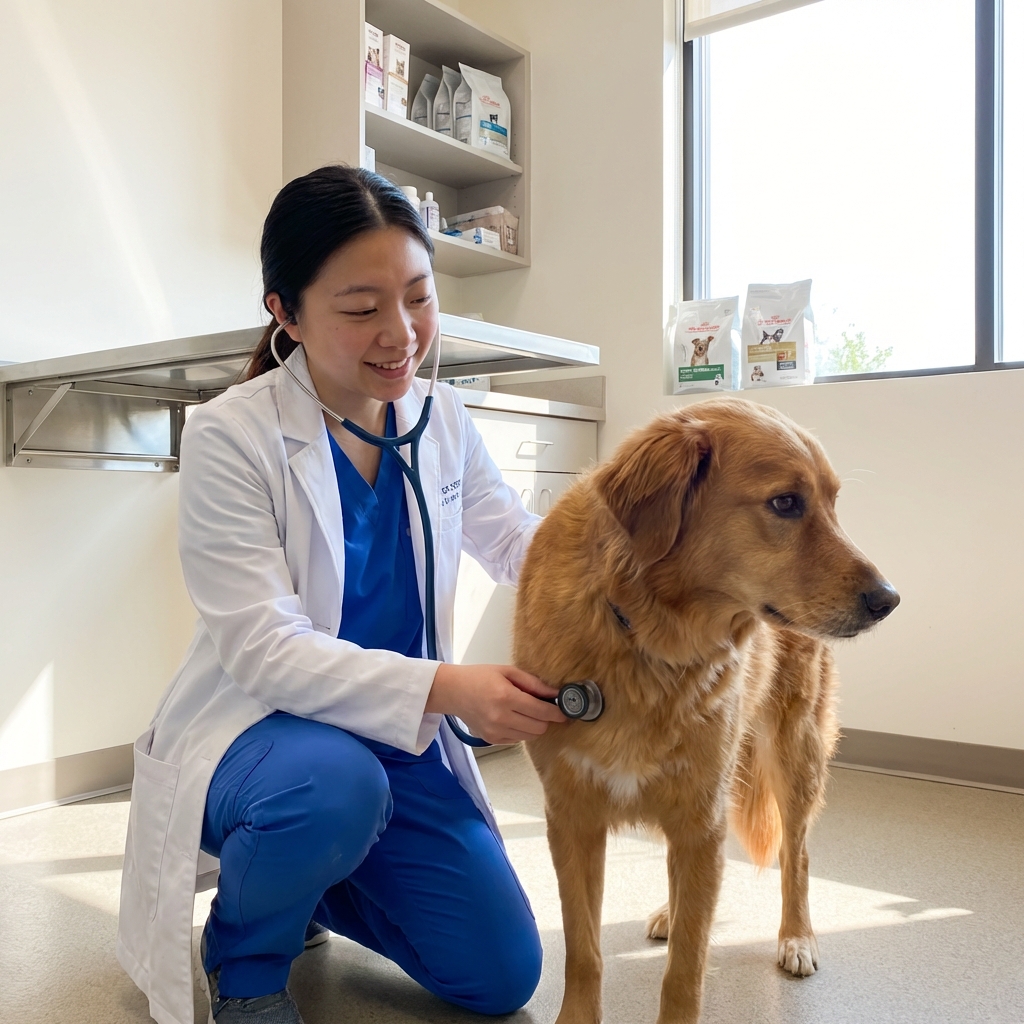 A veterinarian listening to a medium-sized dog's chest with a stethoscope in a bright exam room