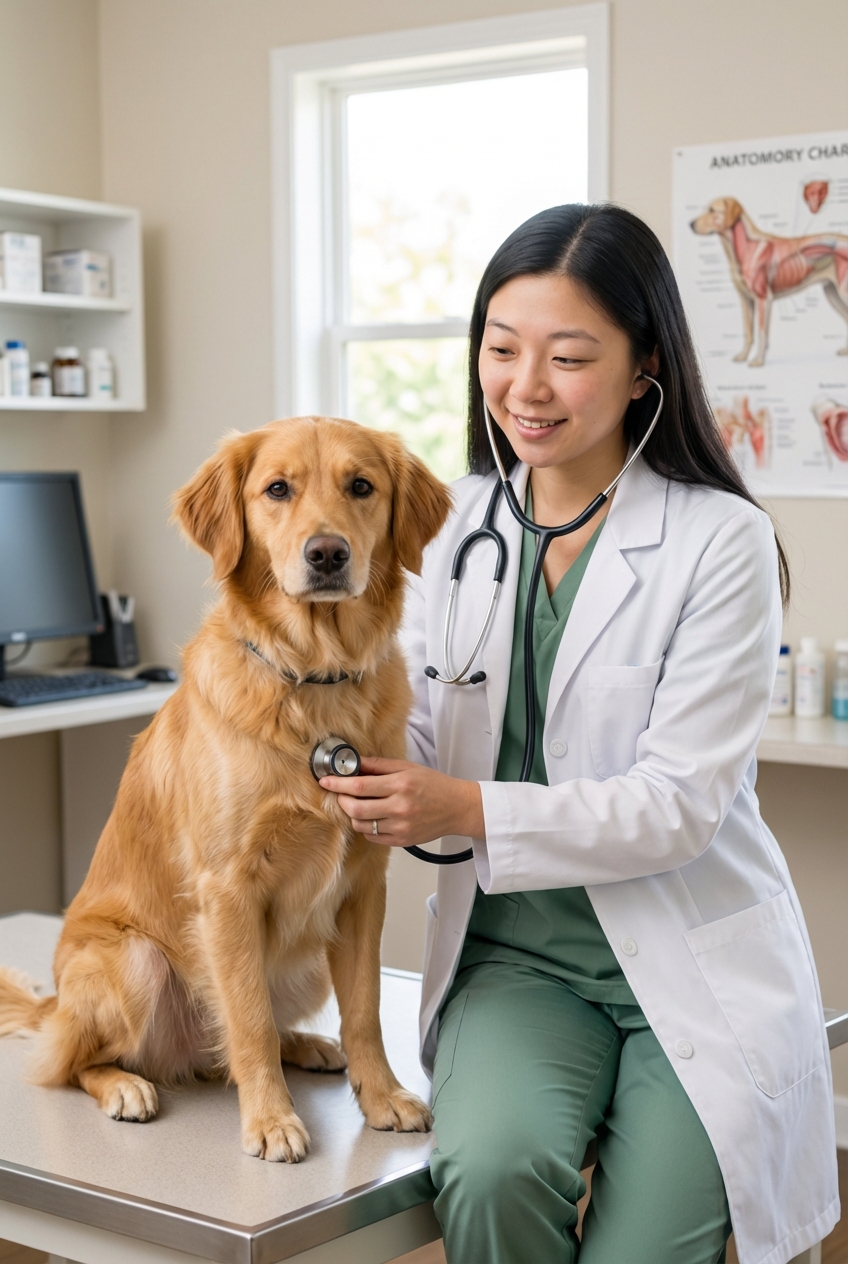 A veterinarian listening to a medium-sized dog’s chest with a stethoscope in a bright exam room
