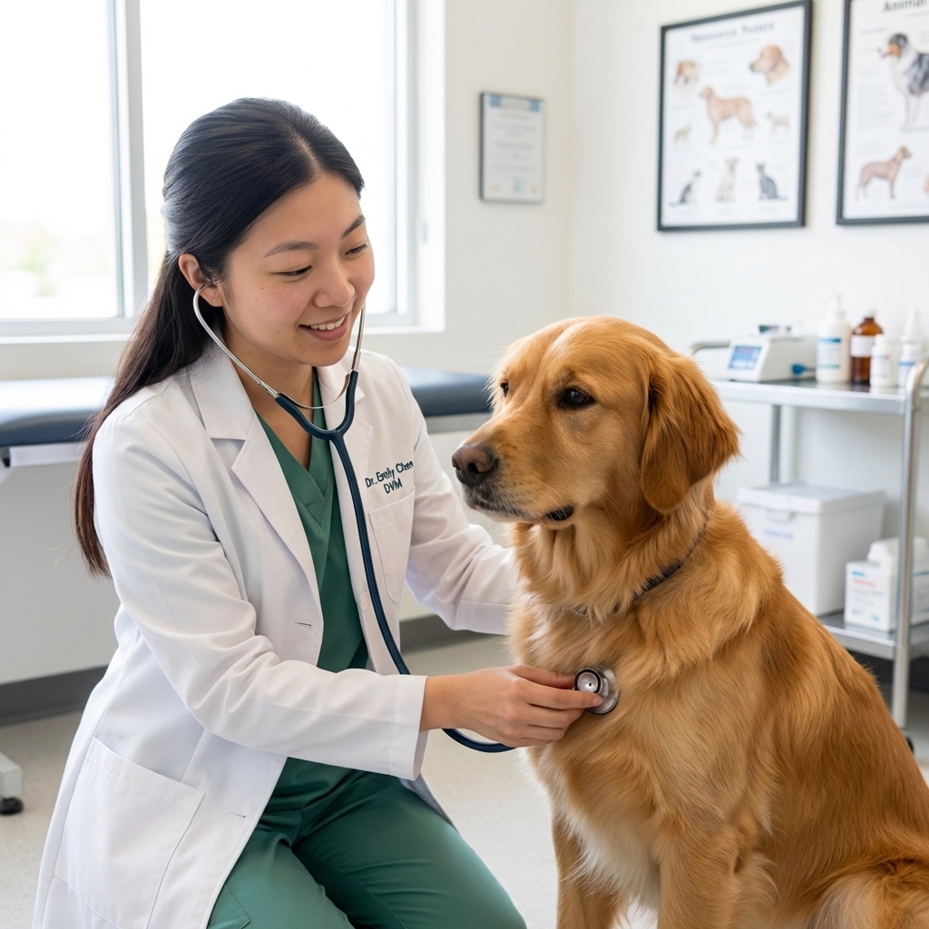 A veterinarian listening to a medium-sized dog’s chest with a stethoscope in a bright exam room