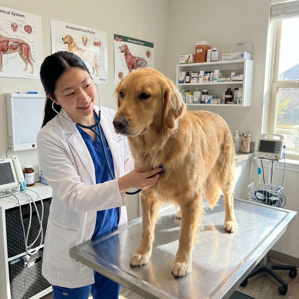 A veterinarian listening to a medium-sized dog’s chest with a stethoscope in a bright exam room, natural light, realistic clinical photography