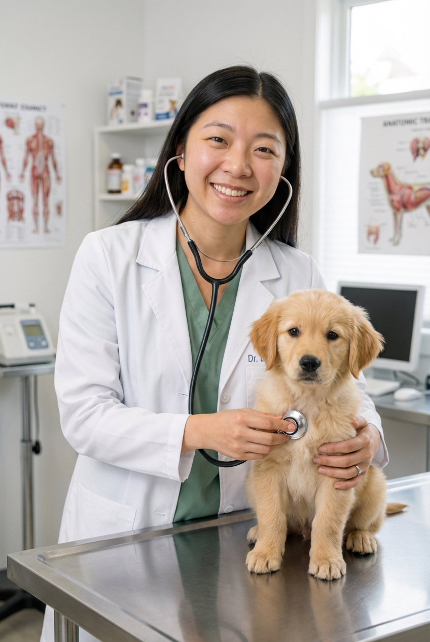 A veterinarian listening to a puppy’s chest with a stethoscope in a clinic exam room