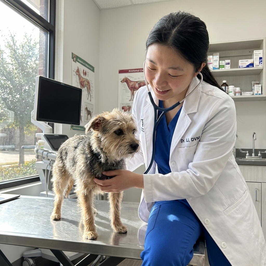 A veterinarian listening to a small dog’s heart with a stethoscope in a bright exam room, candid clinical photograph style