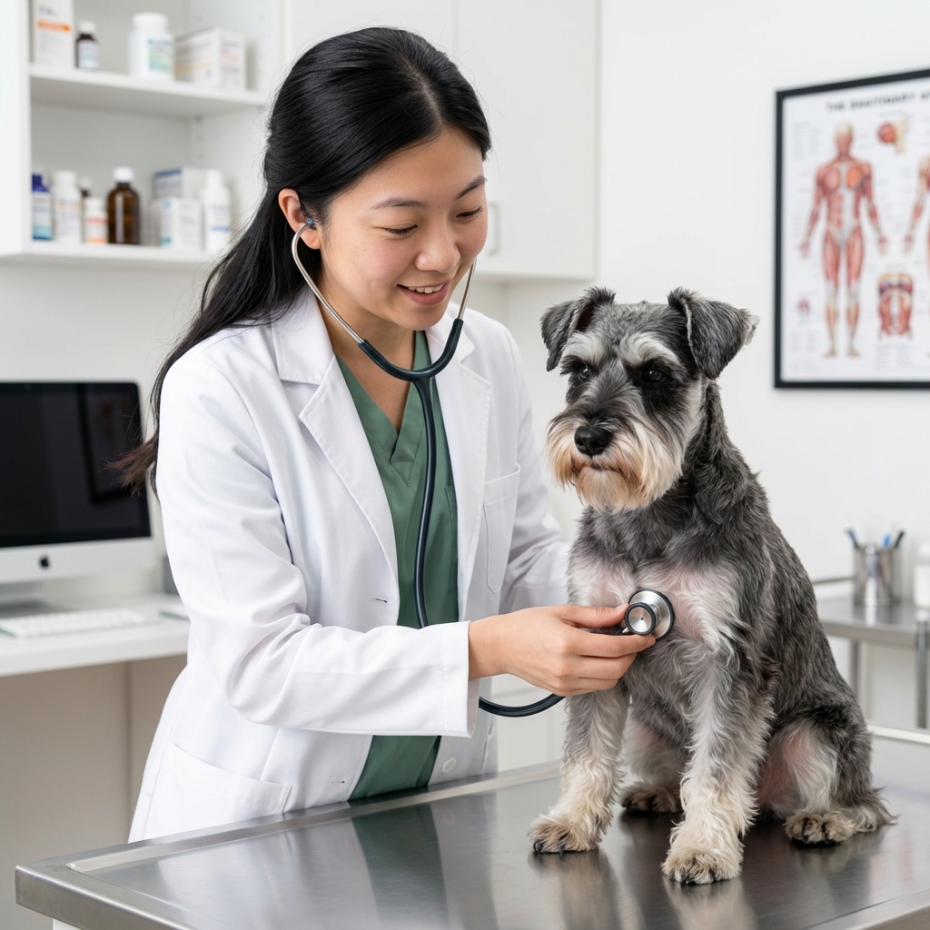 A veterinarian listens to a Miniature Schnauzer with a stethoscope while the dog sits on an exam table.