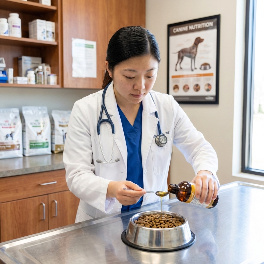 A veterinarian measuring fish oil next to a bowl of dog food on a clinic counter