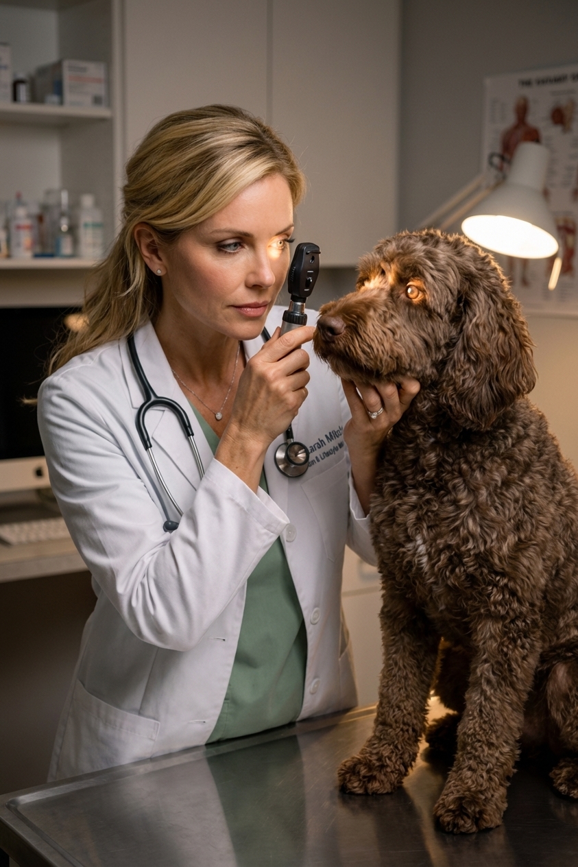 A veterinarian performing a close-up eye exam on a curly-coated dog using an ophthalmoscope in a clinic exam room, photorealistic