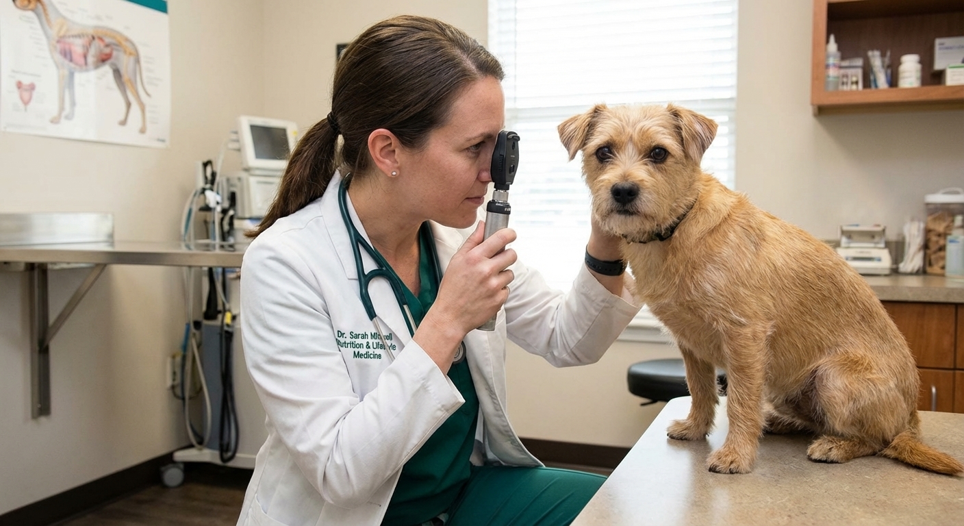 A veterinarian performing a gentle eye exam on a small dog in a clinic exam room, realistic medical photography