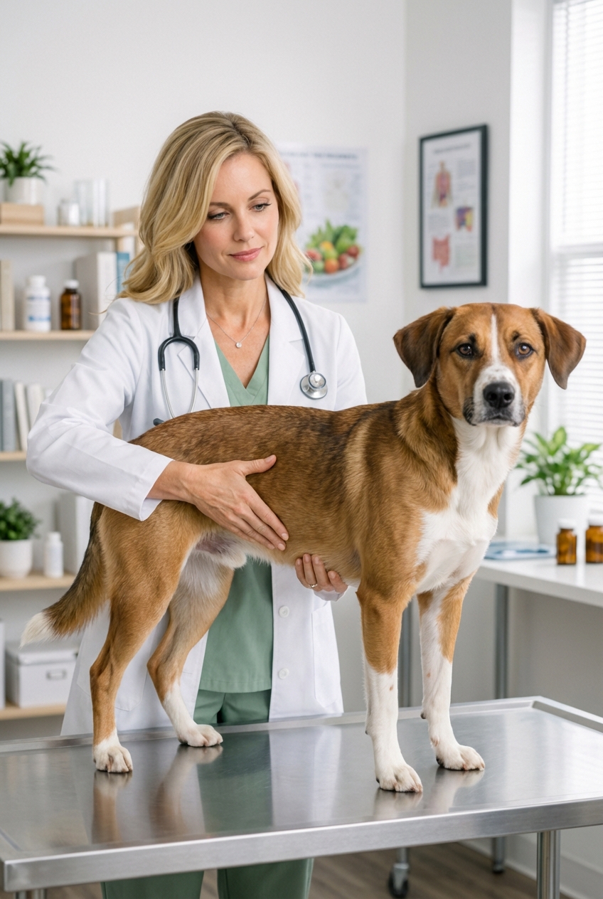 A veterinarian performing a physical exam on a mixed-breed dog on an exam table in a bright clinic room