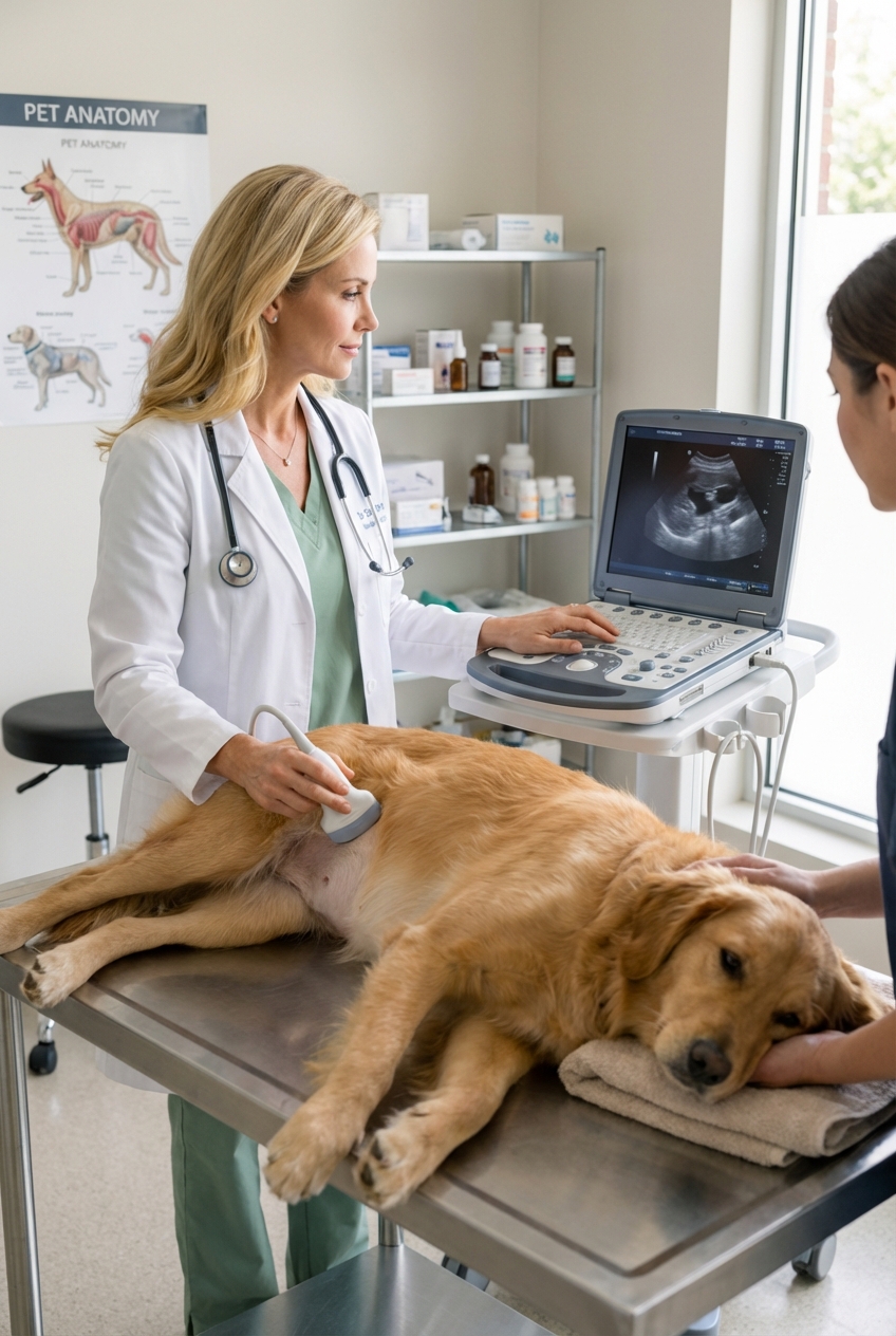 A veterinarian performing an abdominal ultrasound on a dog lying calmly on an exam table
