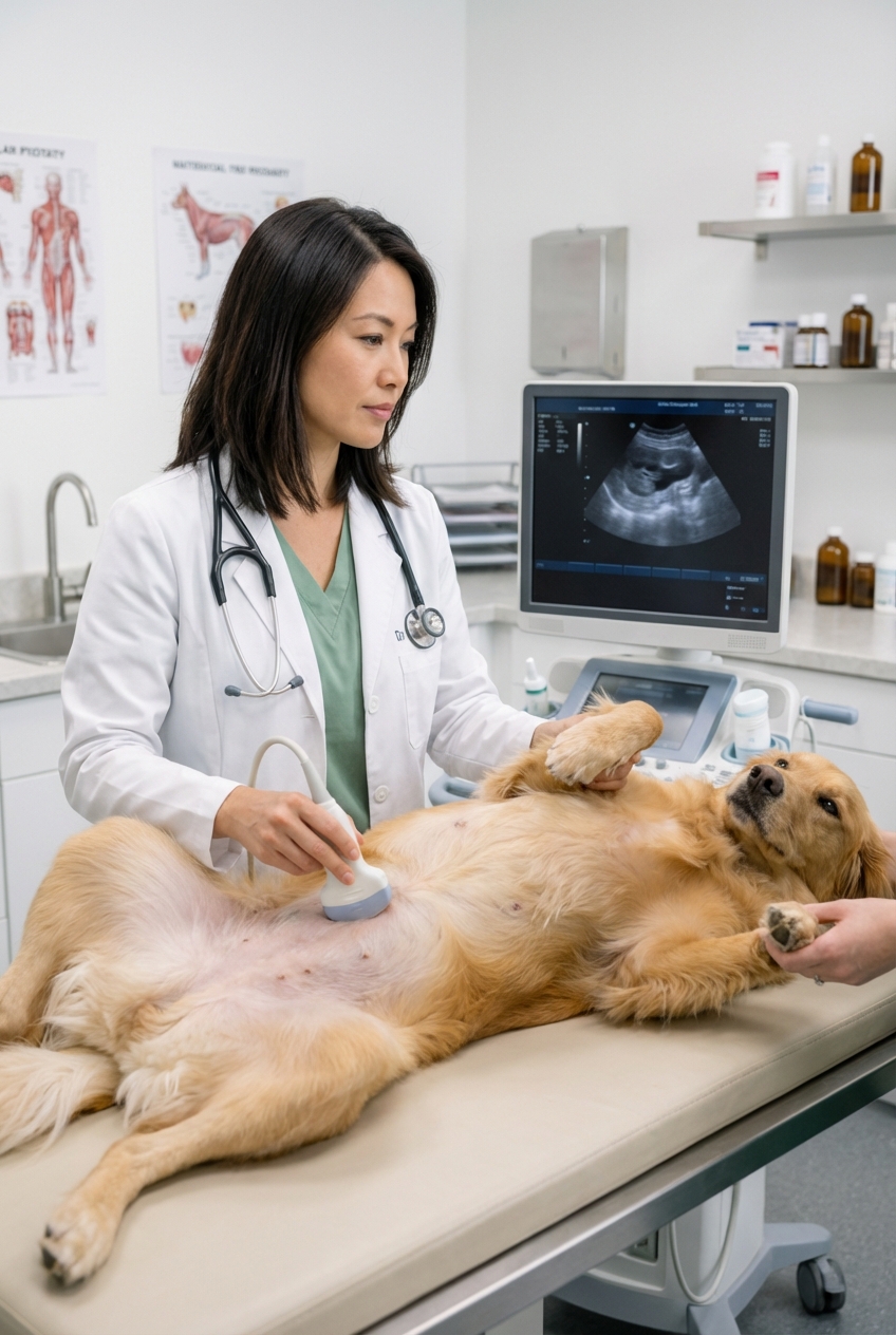 A veterinarian performing an abdominal ultrasound on a calm dog lying on a padded exam table