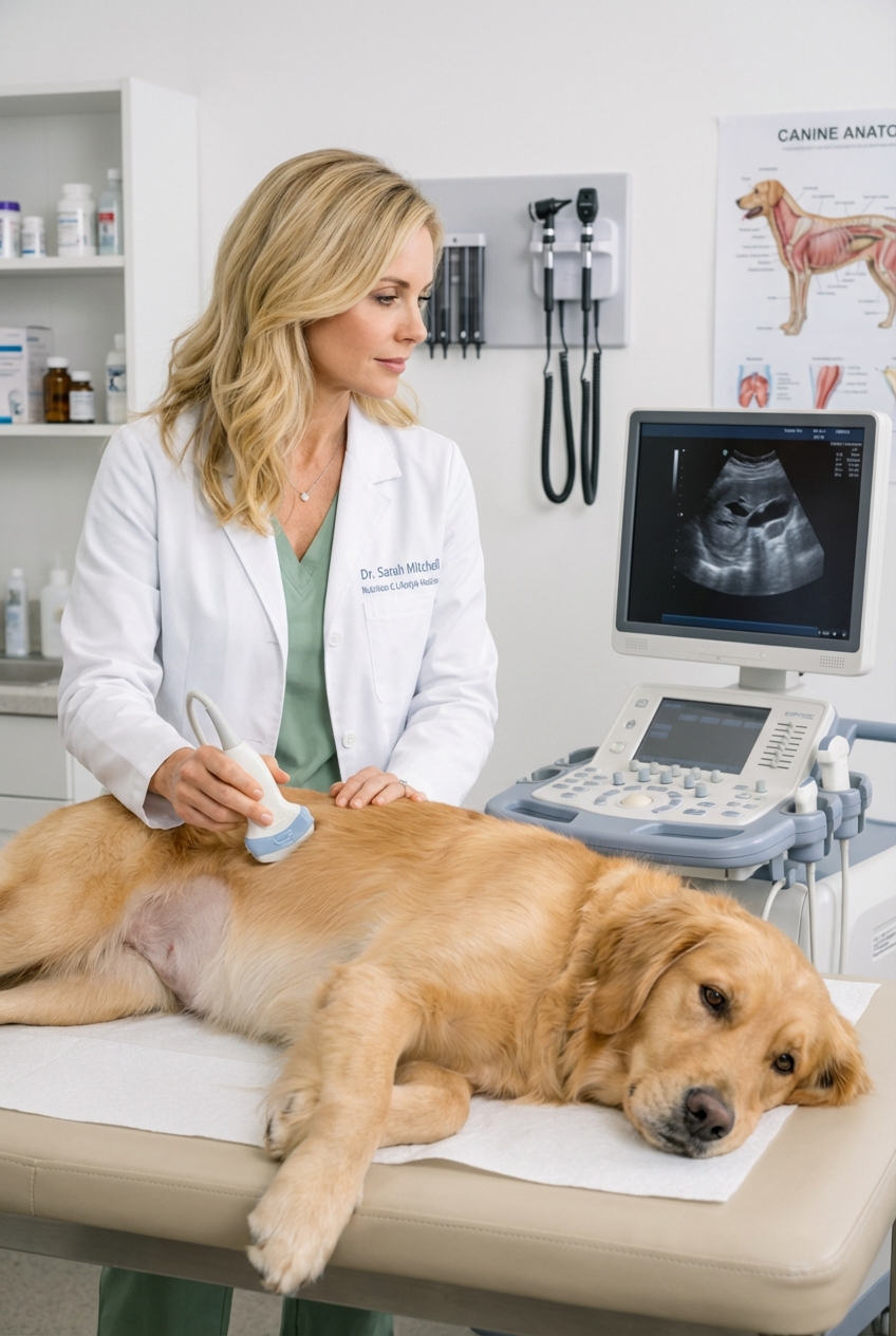 A veterinarian performing an abdominal ultrasound on a calm dog lying on a padded exam table