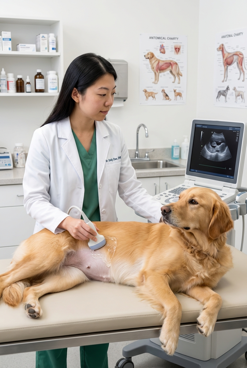 A veterinarian performing an abdominal ultrasound on a calm dog lying on a padded table