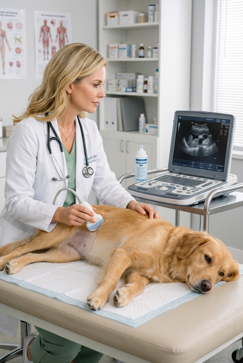 A veterinarian performing an abdominal ultrasound on a calm dog lying on a padded exam table