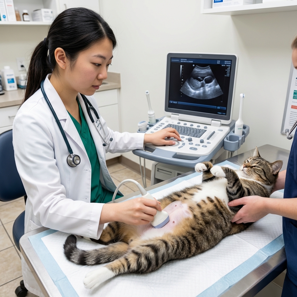 A veterinarian performing an abdominal ultrasound on a calm cat lying on a padded table