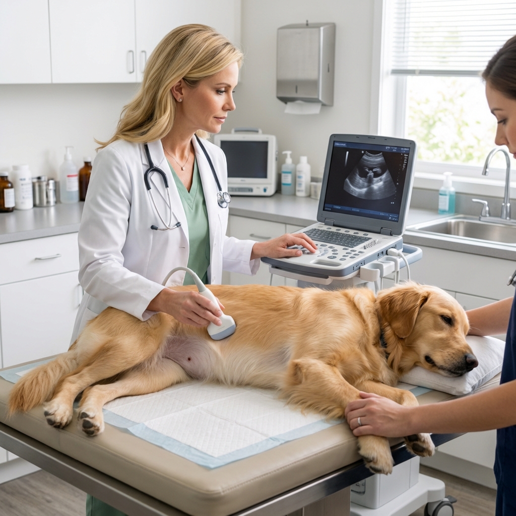A veterinarian performing an abdominal ultrasound on a calm dog lying on a padded table