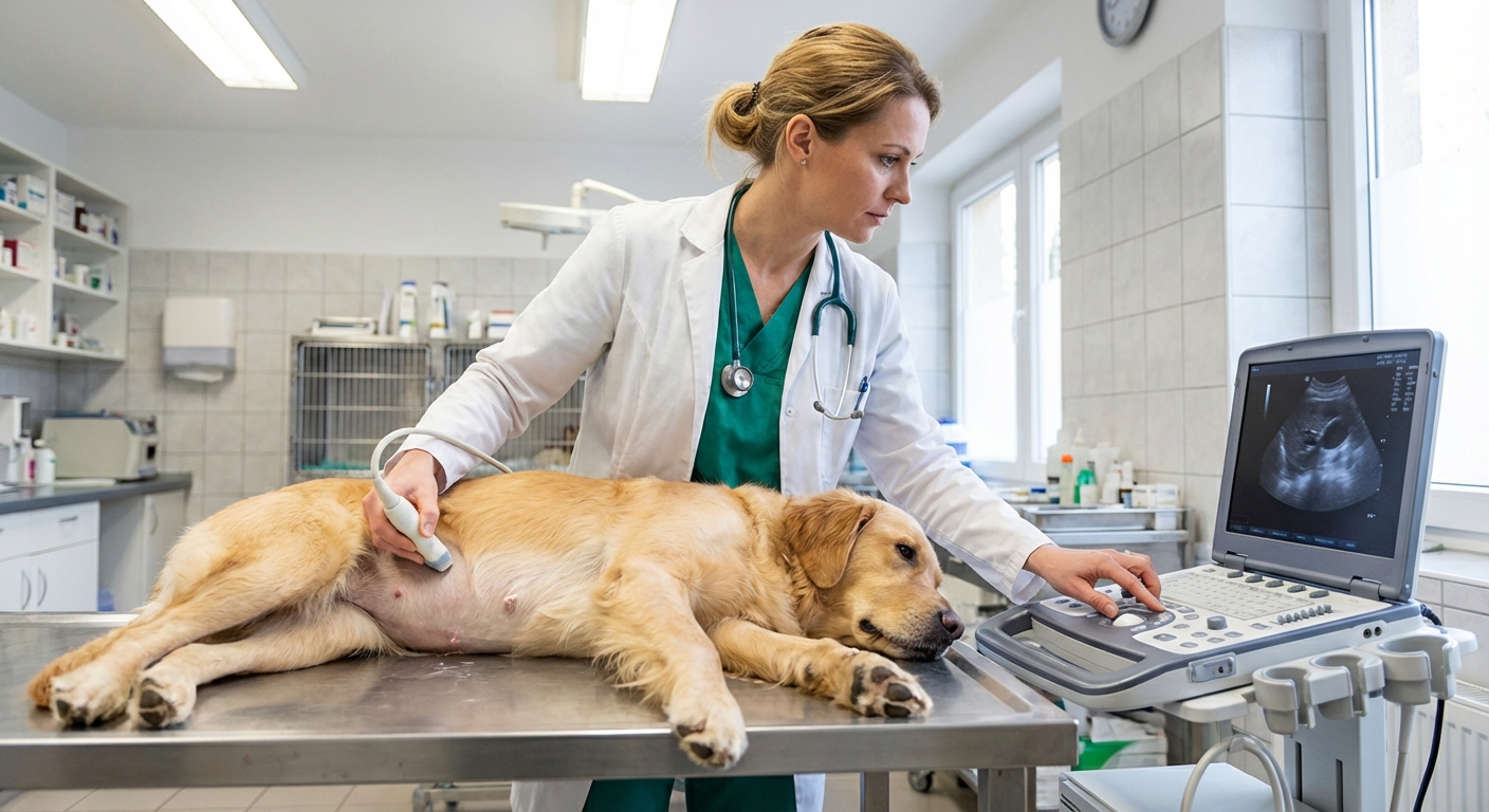 A veterinarian performing an abdominal ultrasound on a medium-sized dog lying calmly on a clinic table
