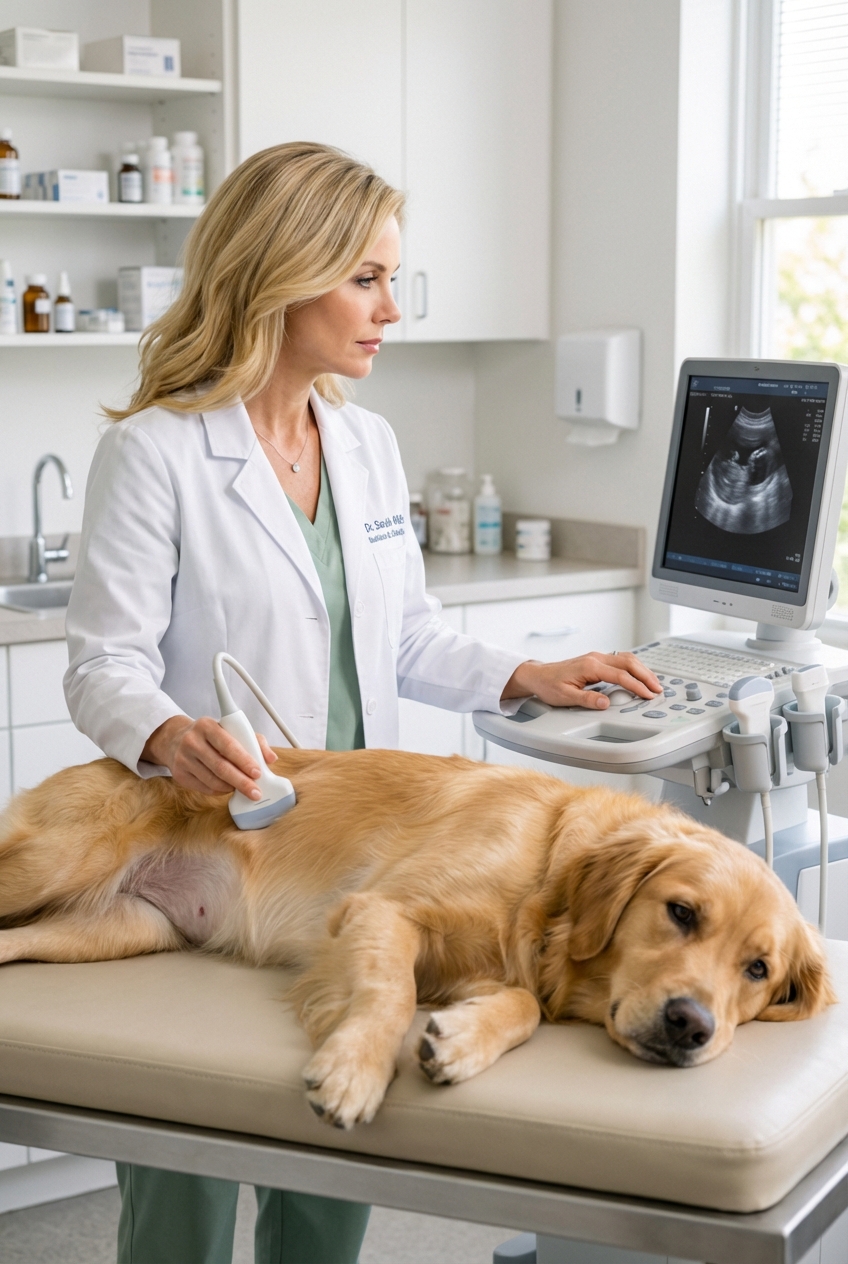 A veterinarian performing an abdominal ultrasound on a dog lying calmly on a padded exam table