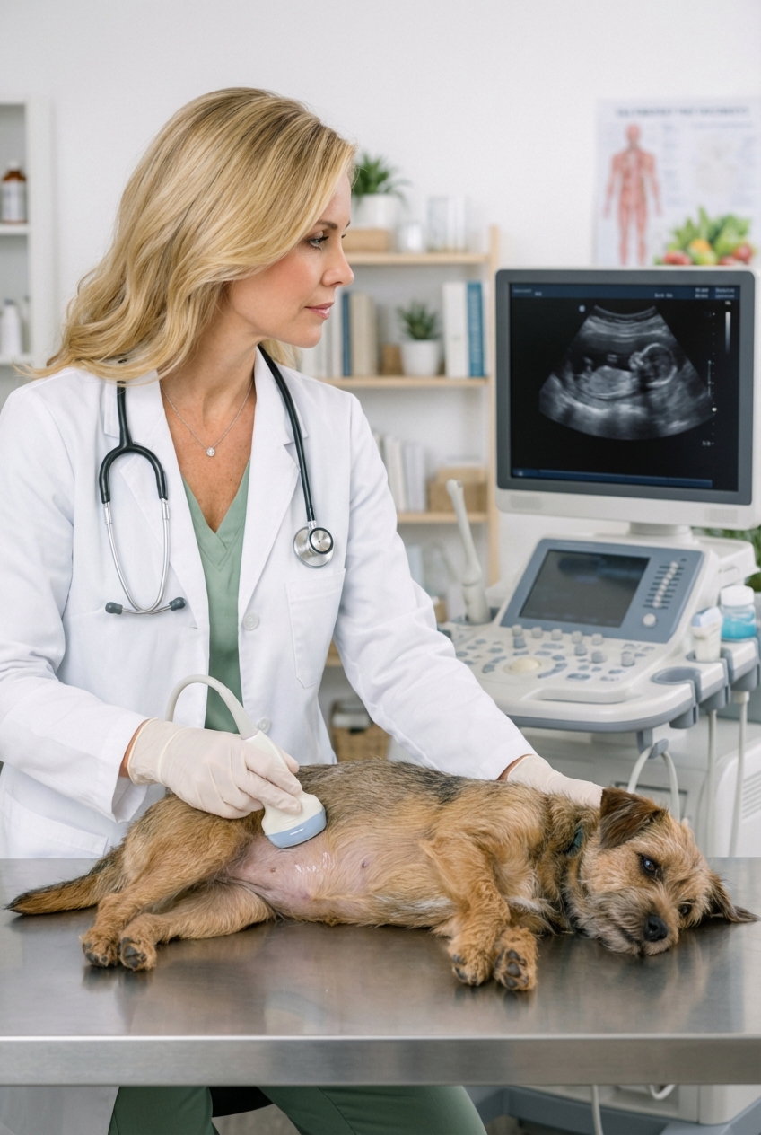 A veterinarian performing an abdominal ultrasound on a small dog lying on its side on a clinic table