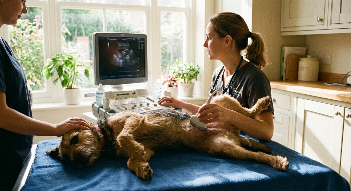 A veterinarian performing an abdominal ultrasound on a calm dog lying on a padded exam table