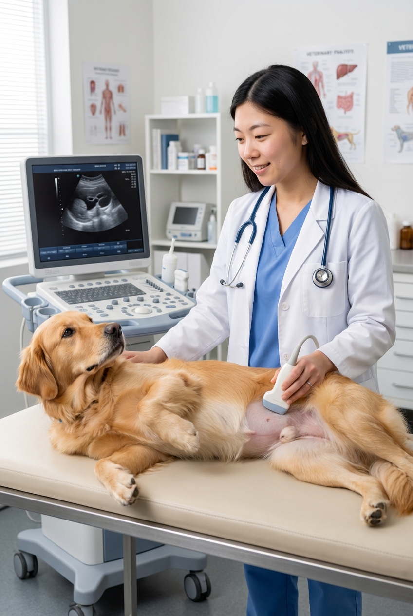 A veterinarian performing an abdominal ultrasound on a dog lying calmly on a padded table