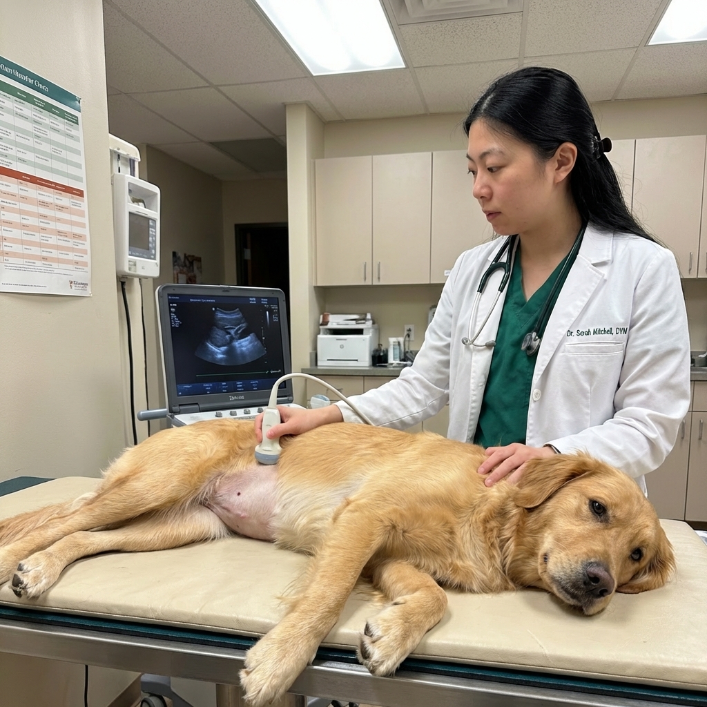 A veterinarian performing an abdominal ultrasound on a calm dog lying on a padded exam table, clinical lighting, realistic photography