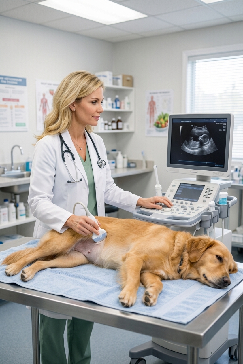A veterinarian performing an abdominal ultrasound on a calm medium-sized dog lying on its side on an exam table, with the ultrasound monitor visible in the background, photorealistic clinical setting