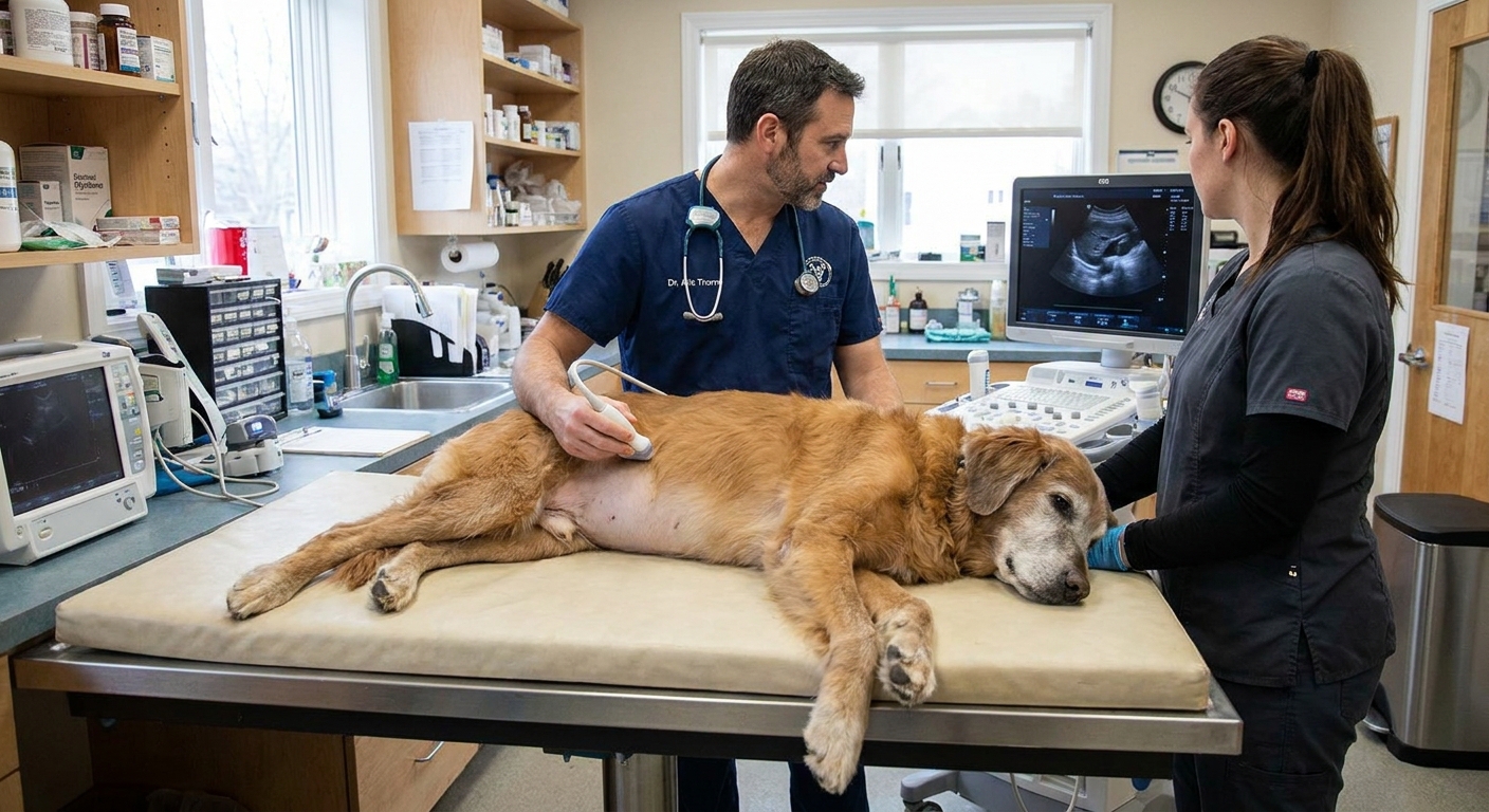 A veterinarian performing an abdominal ultrasound on a calm older dog lying on a padded table in a veterinary clinic
