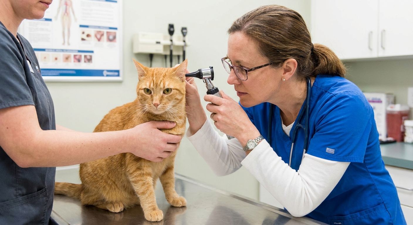 A veterinarian performing an otoscope exam on an orange tabby cat to look into the ear canal