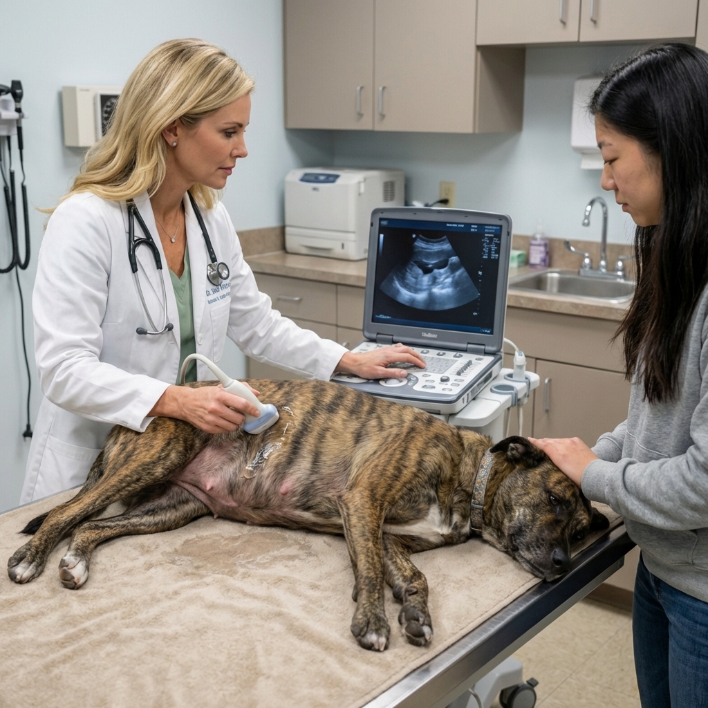 A veterinarian performing an ultrasound exam on a dog lying calmly on a padded table