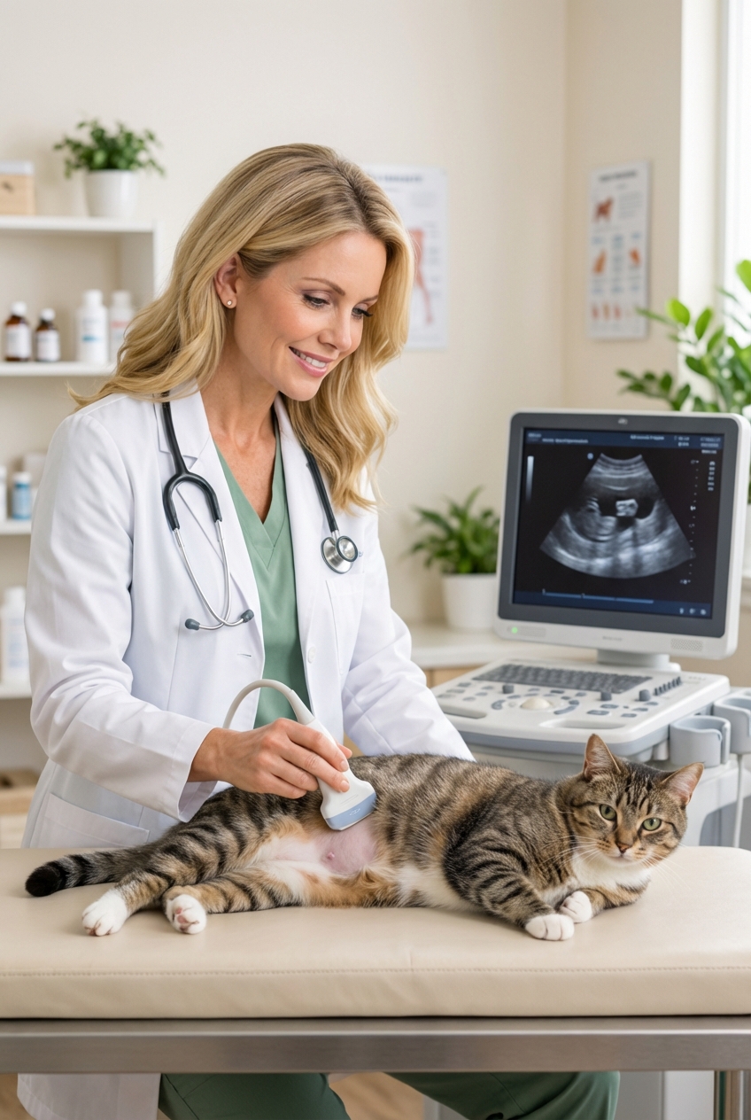 A veterinarian performing an ultrasound exam on a cat lying calmly on a padded table