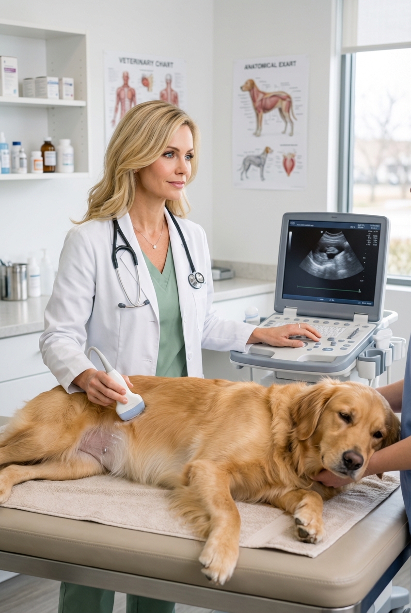 A veterinarian performing an ultrasound exam on a calm dog lying on its side in a clinic