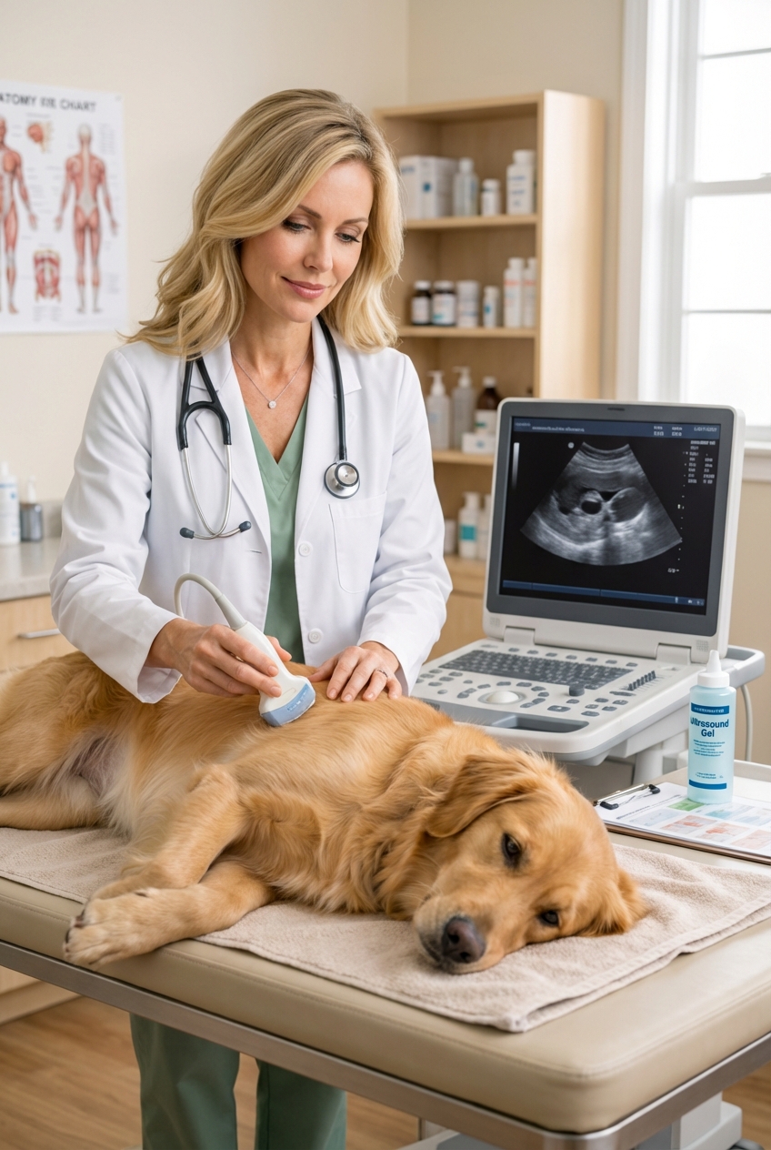 A veterinarian performing an ultrasound exam on a dog lying calmly on a padded exam table in a clinic