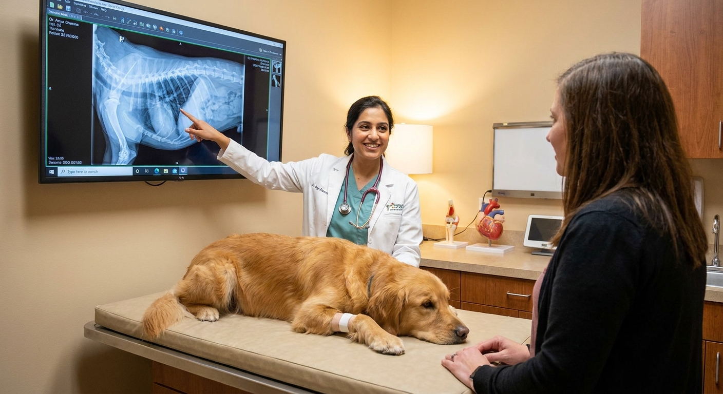 A veterinarian pointing to a dog chest X-ray displayed on a clinic monitor while the dog rests on a padded table nearby