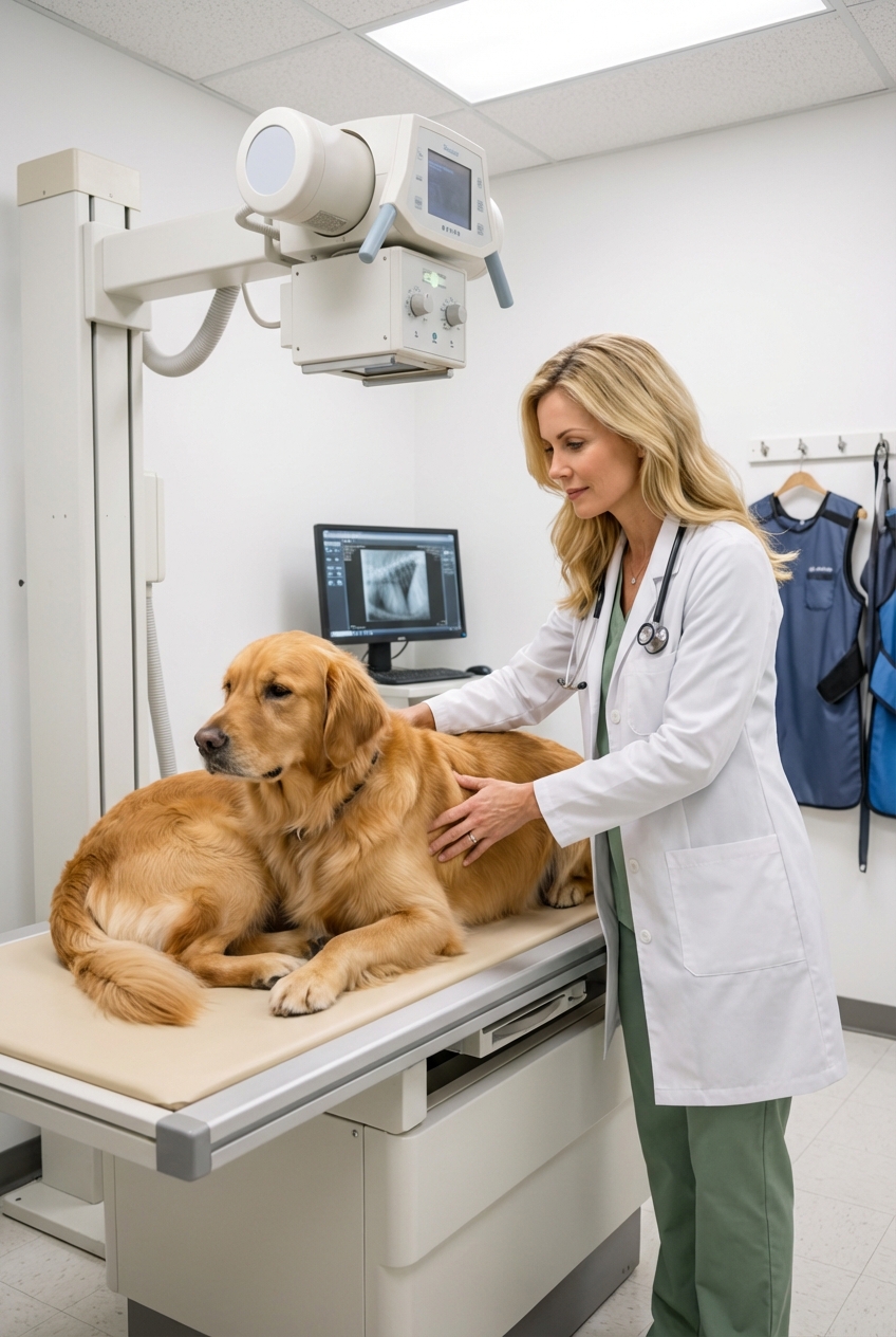 A veterinarian positioning a calm dog on an x-ray table in a clean exam area