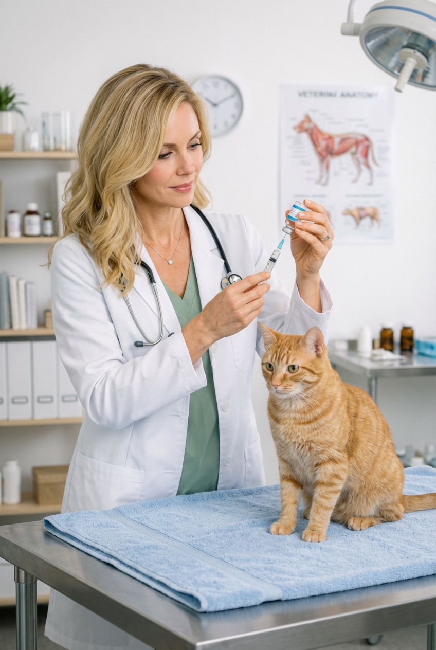 A veterinarian preparing a syringe while a cat sits calmly on a towel-covered exam table