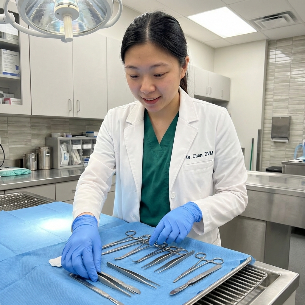 A veterinarian preparing surgical instruments in a clean clinic setting