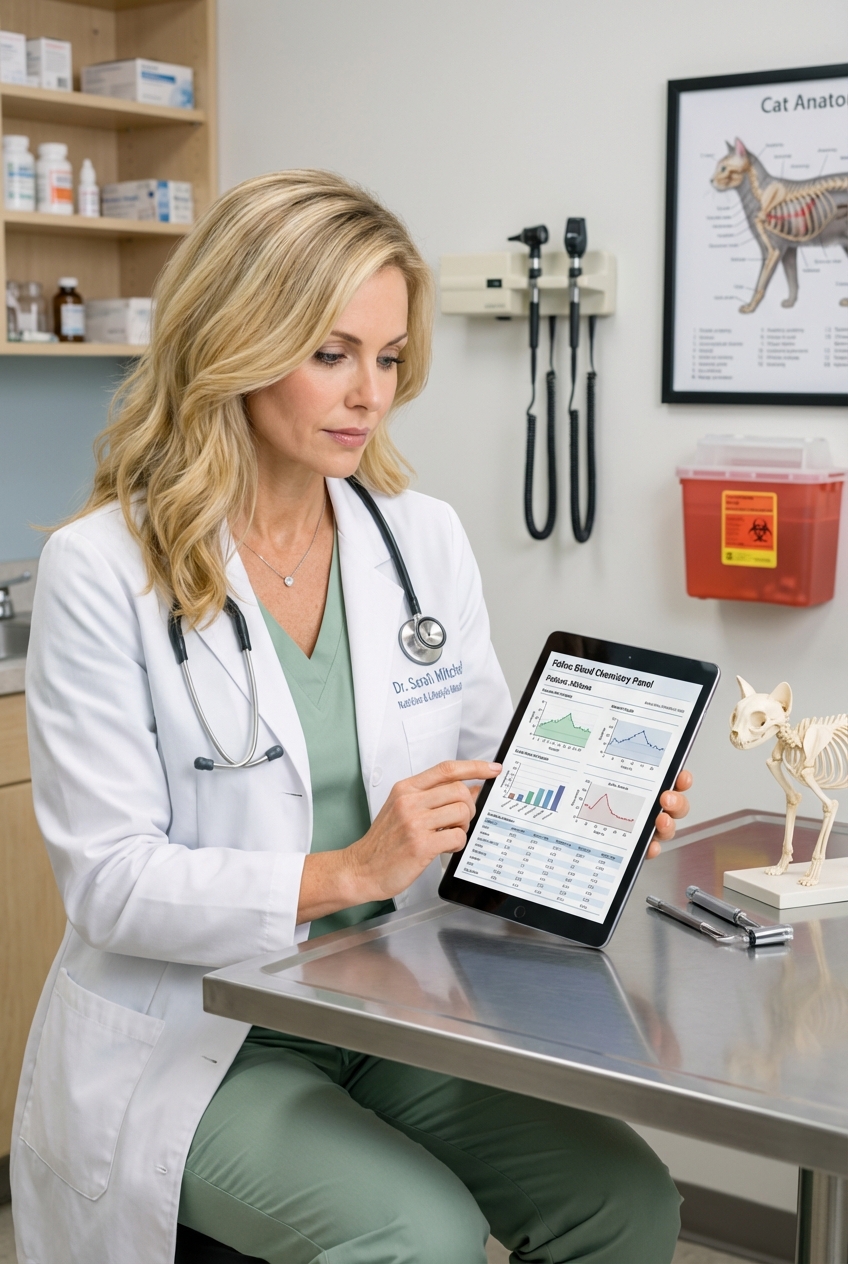 A veterinarian reviewing a cat’s bloodwork results on a tablet in a clinic exam room