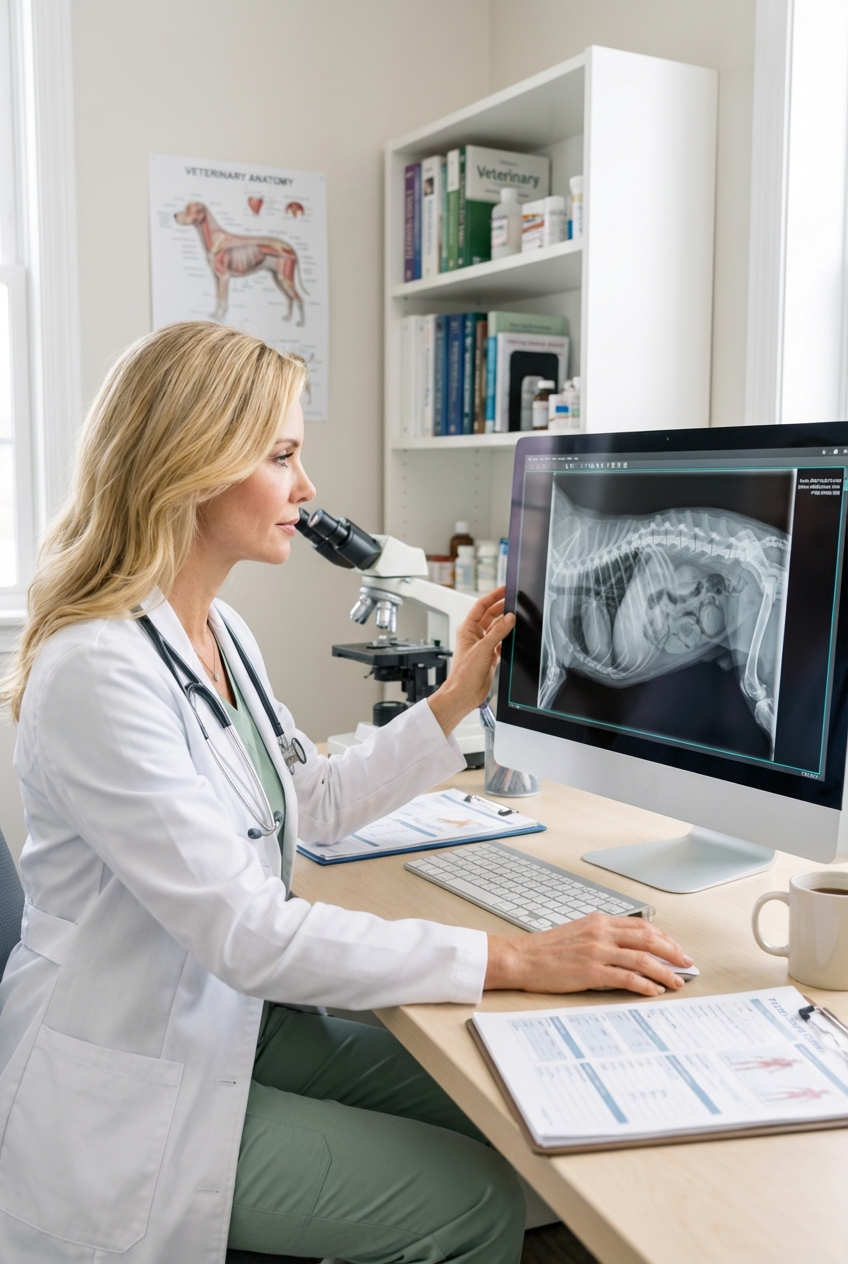 A veterinarian reviewing a dog’s abdominal x-ray on a computer screen in a clinic