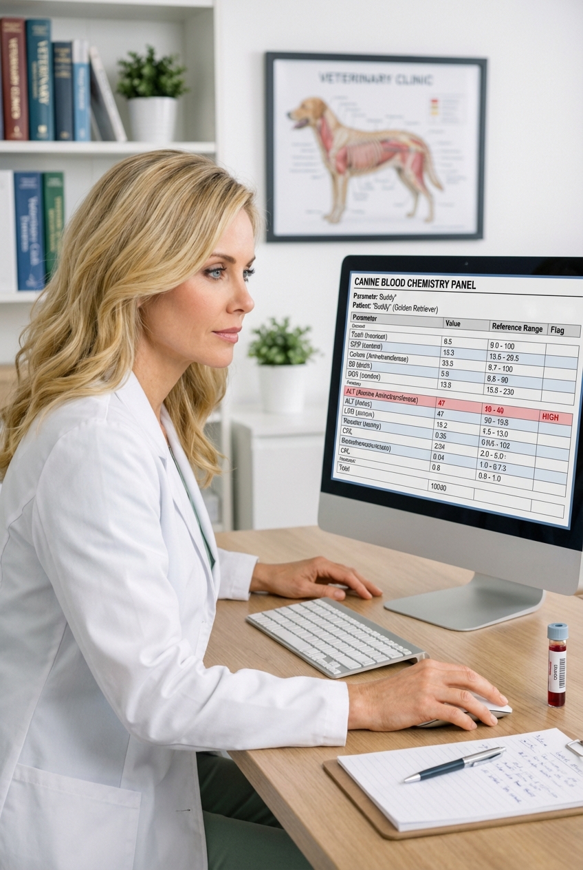A veterinarian reviewing a dog’s blood test results on a computer screen in a clinic