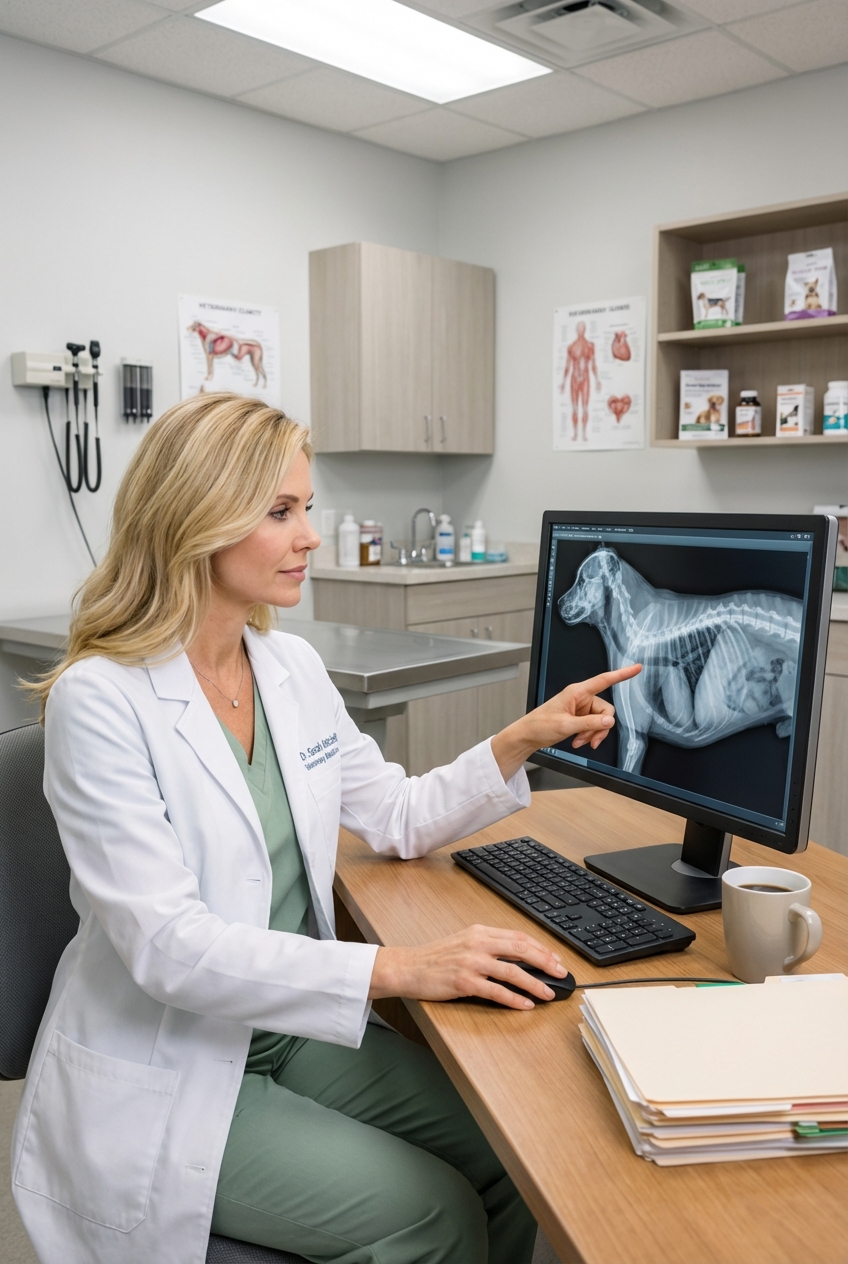 A veterinarian reviewing a dog’s chest X-ray on a computer screen in a clinic exam room