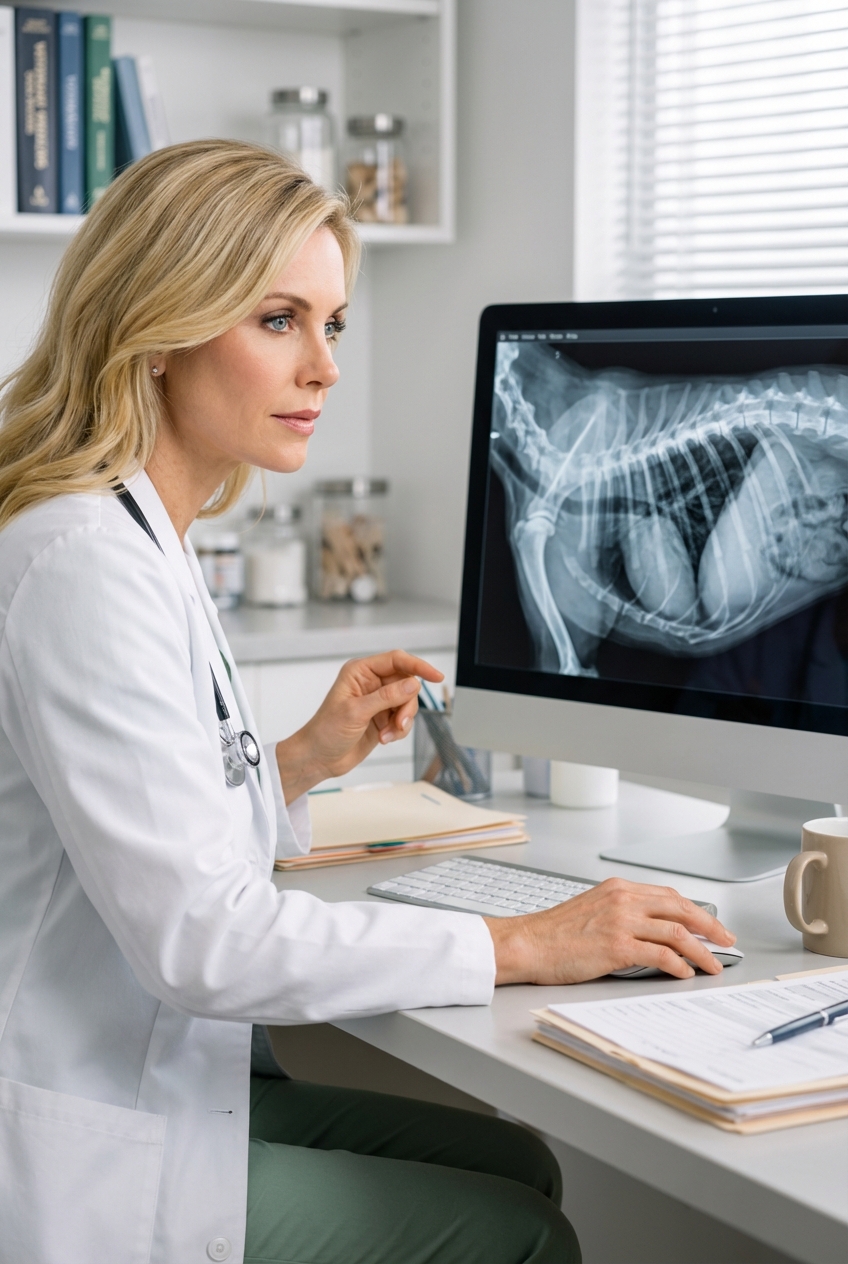 A veterinarian reviewing a dog’s chest X-ray on a computer screen in a clinic