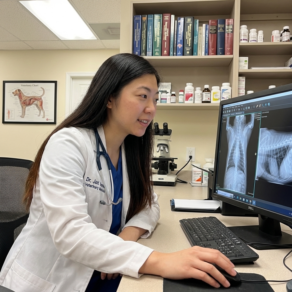 A veterinarian reviewing a dog’s chest X-rays on a monitor in a veterinary clinic, real photograph