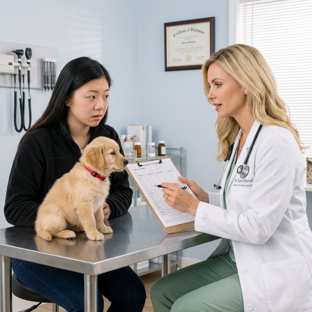 A veterinarian reviewing a puppy’s medical chart with a concerned pet parent in a clinic exam room