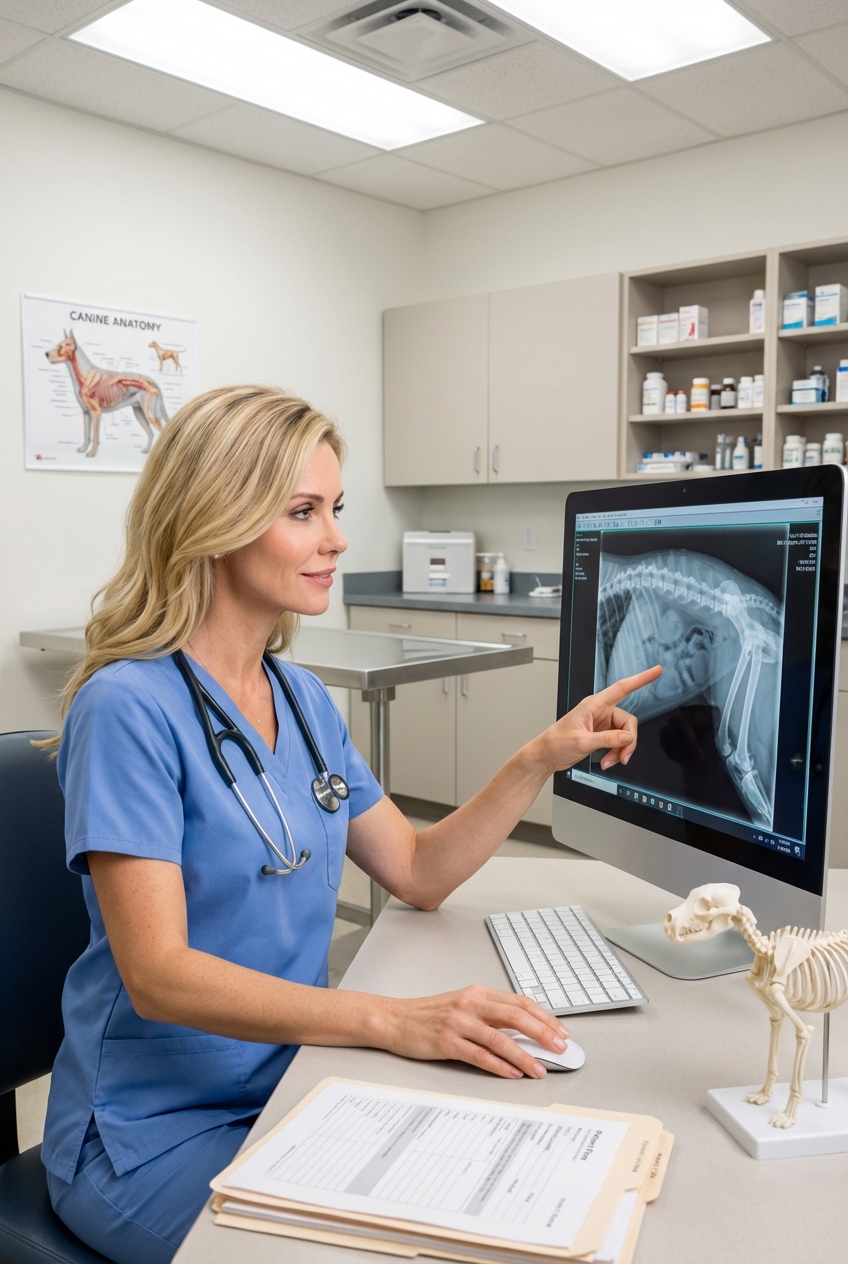 A veterinarian reviewing abdominal x-rays on a computer screen in a bright exam room