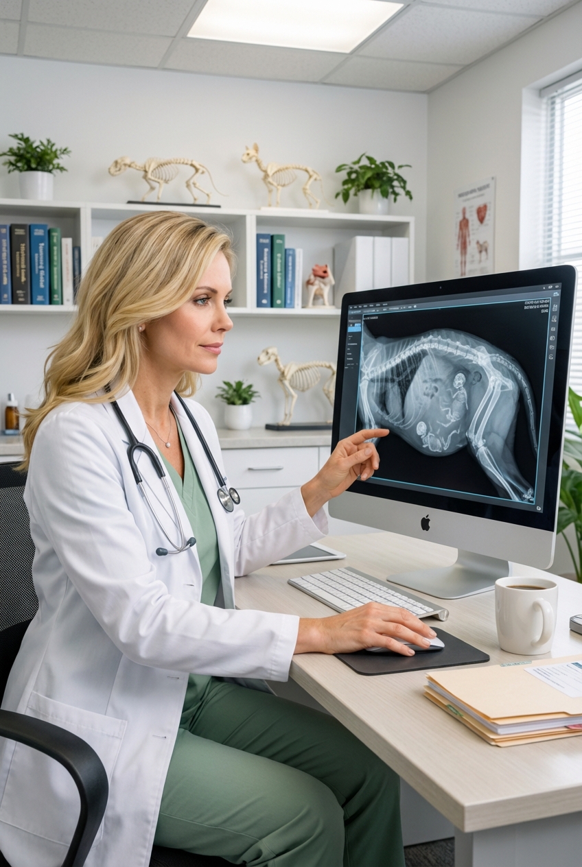 A veterinarian reviewing an X-ray of a pregnant cat on a clinic computer screen