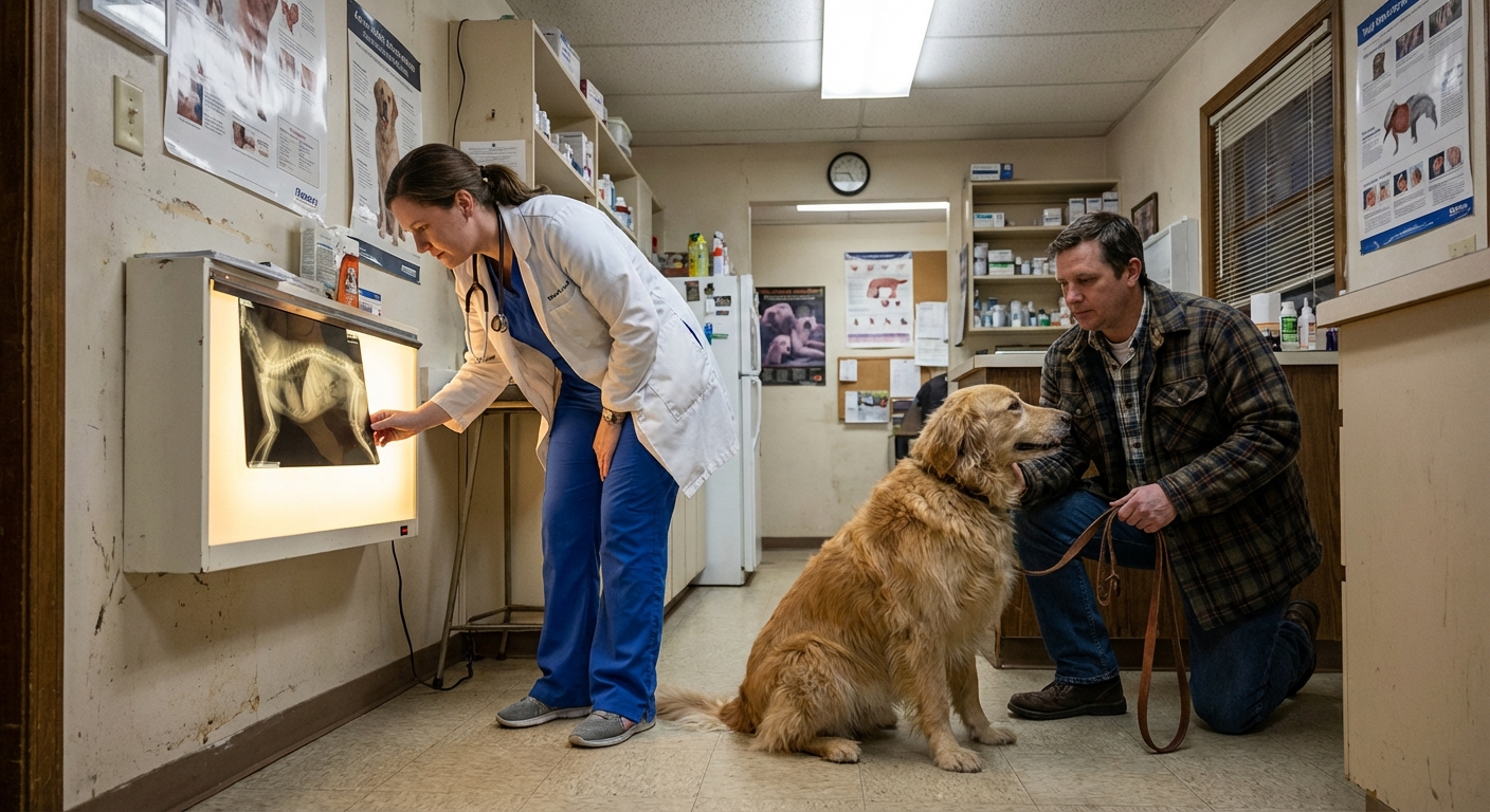 A veterinarian reviewing an X-ray on a lightbox in a clinic while a large-breed dog sits calmly nearby with an owner holding the leash, documentary-style photography