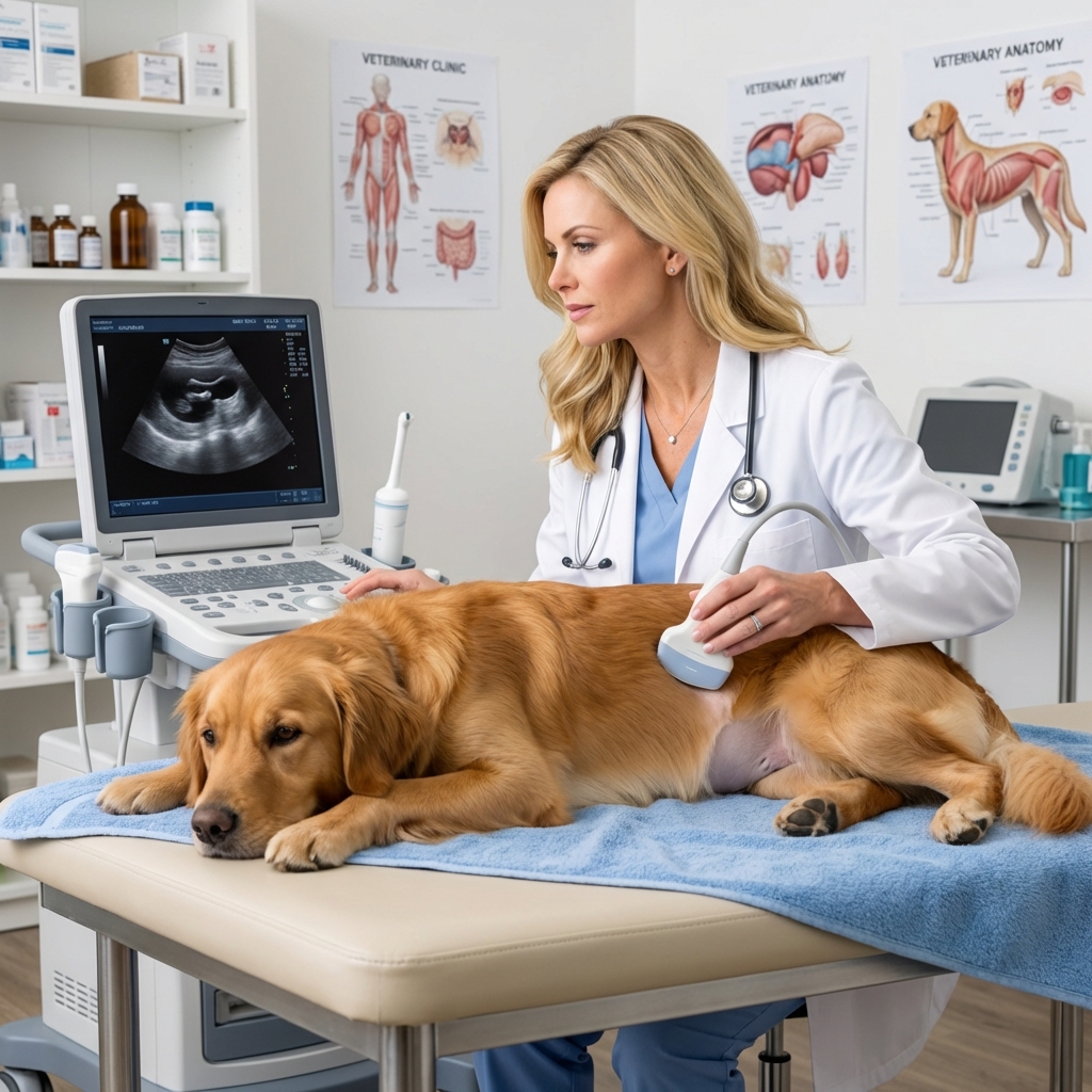 A veterinarian reviewing an ultrasound screen while a dog lies calmly on a padded table