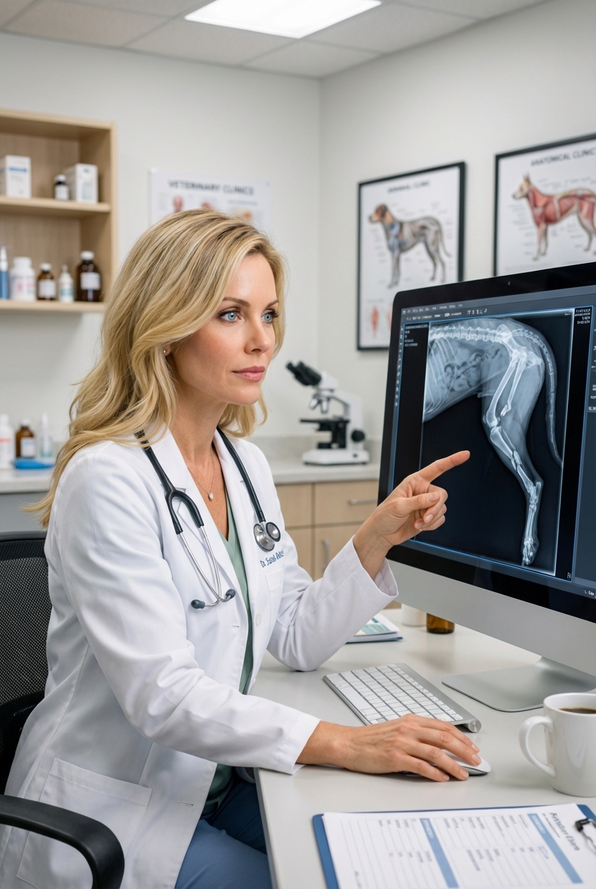 A veterinarian reviewing an x-ray on a computer screen in a clinic