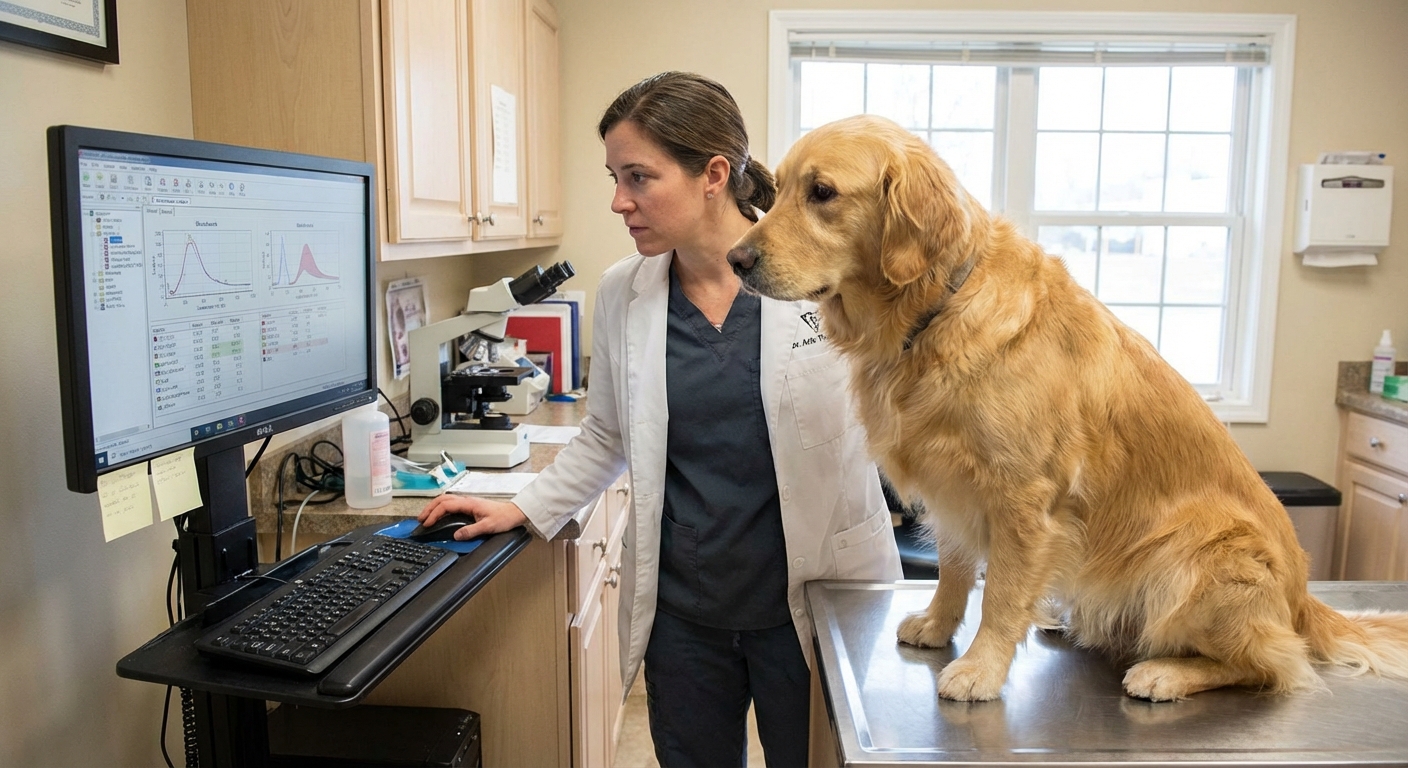 A veterinarian reviewing bloodwork results on a computer while a dog sits calmly on an exam table